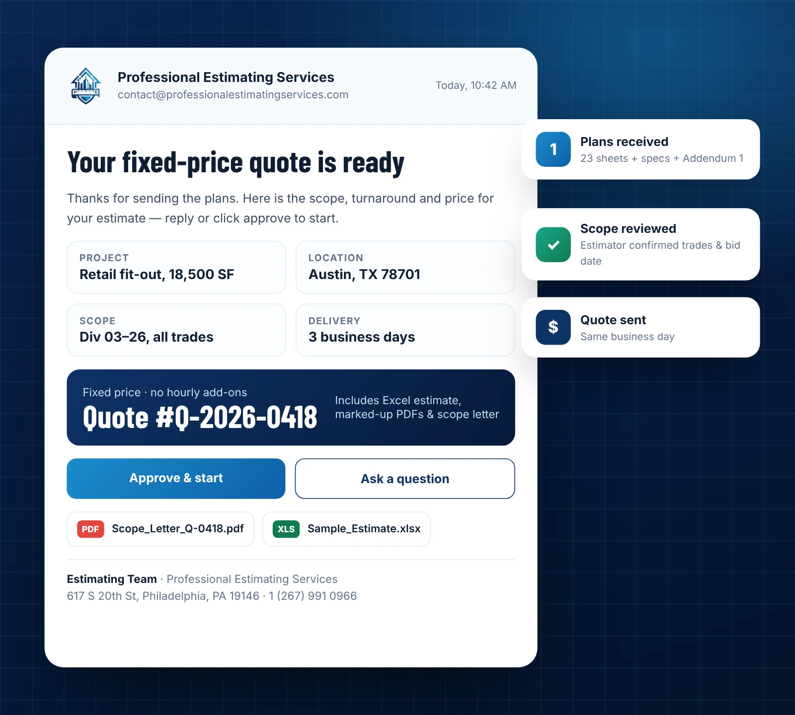 Fixed-price construction estimate quote with project scope, delivery time and approval button